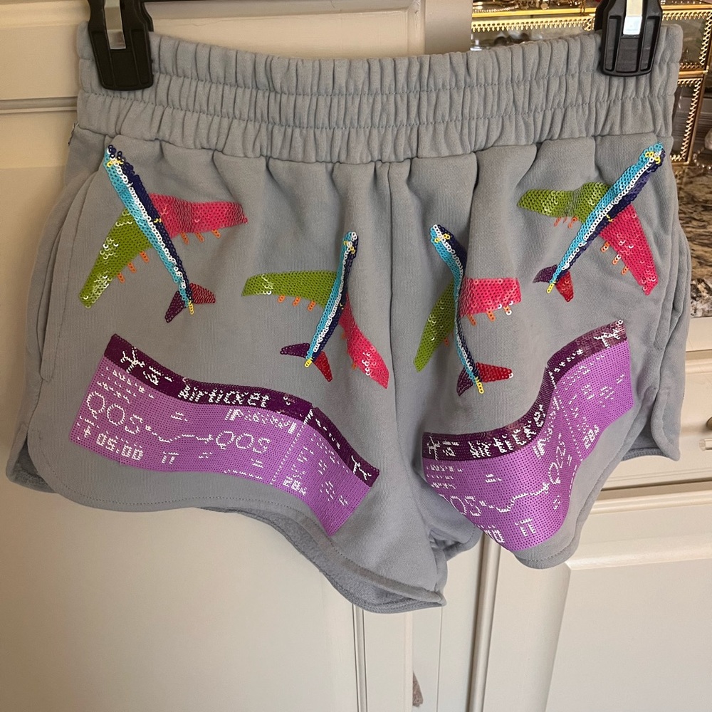 Queen of Sparkle gray Shorts with Sequin Airplane Design